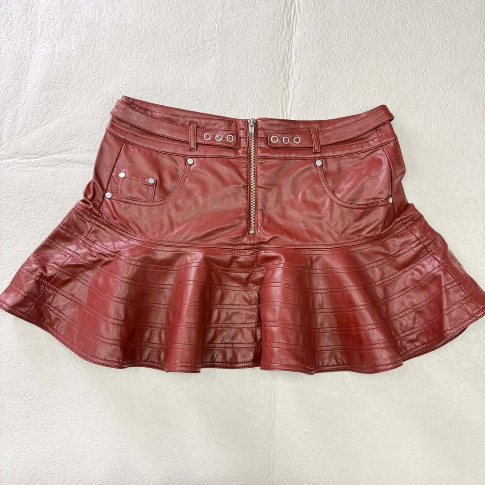 PILCRO Faux Leather Flare Mini Skirt Zip Pockets Size 12 wine Anthropologie